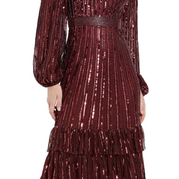 Mac Duggal NWT Red Long Sleeve Ruffle Detail Sequin Midi Dress Size 2 High Neck - Picture 2 of 10